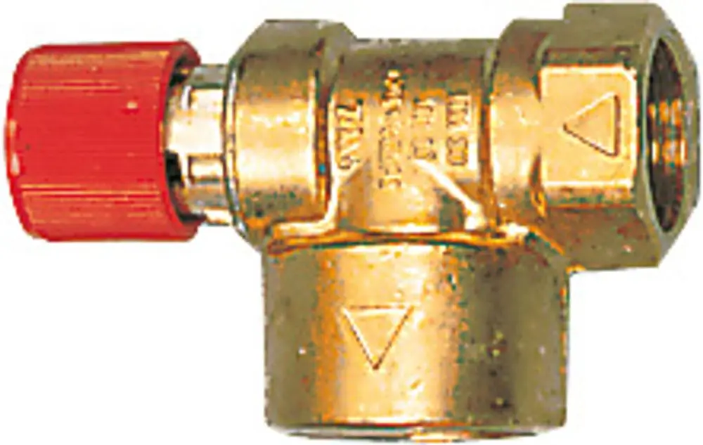 Membran-Sicherheitsventil mit rotem Drehgriff und metallischem Körper. Geeignet für Installationen, hergestellt von Bosch.